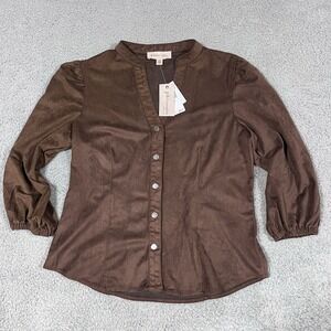 Philosophy Womens 3/4 Sleeve Split Neck Blouse Faux Leather Suede Brown M MWT
